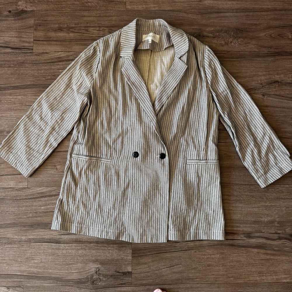 THE GREAT. Linen Blend Tan and Black Striped Blazer Size 1 Small